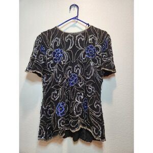 Papell Boutique Silk Beaded Top L Black Blue Floral Sequin Evening Blouse